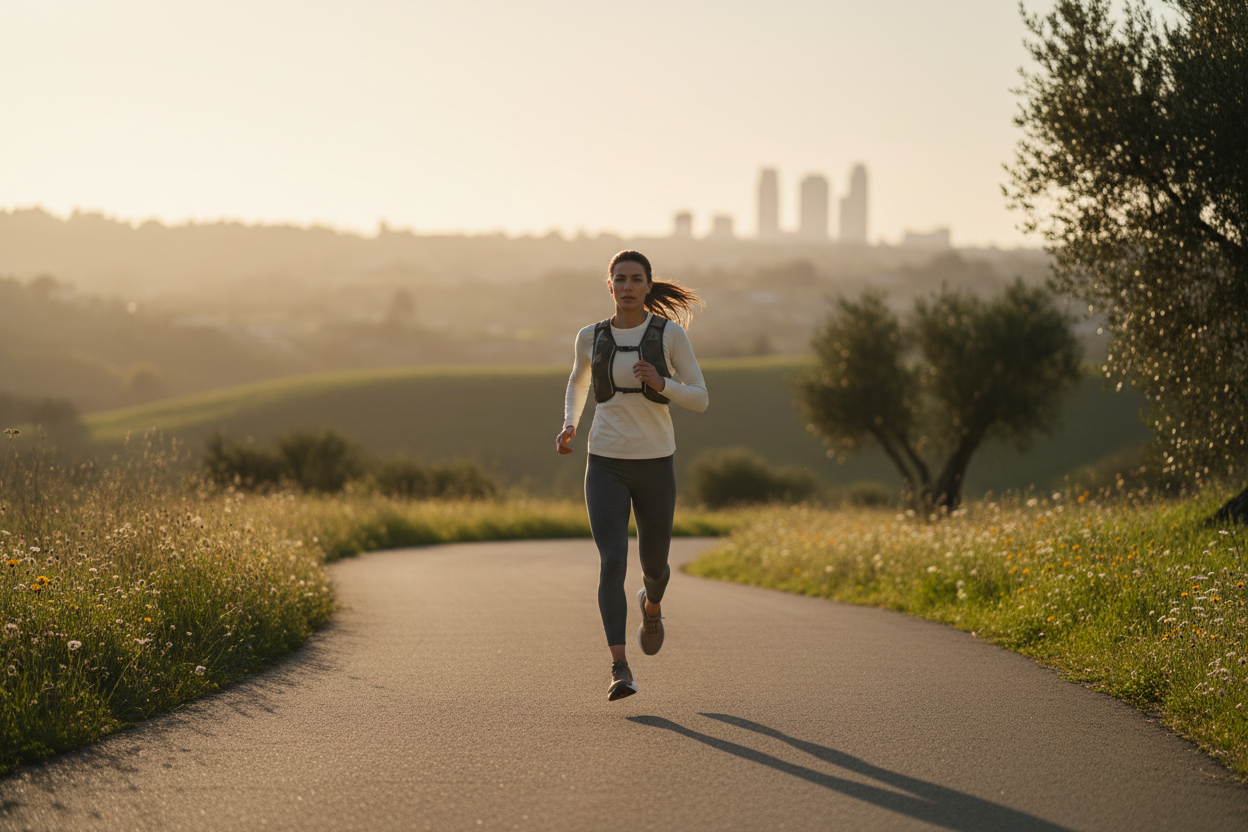 Coureur ou coureuse en situation réelle, ambiance sobre et premium.